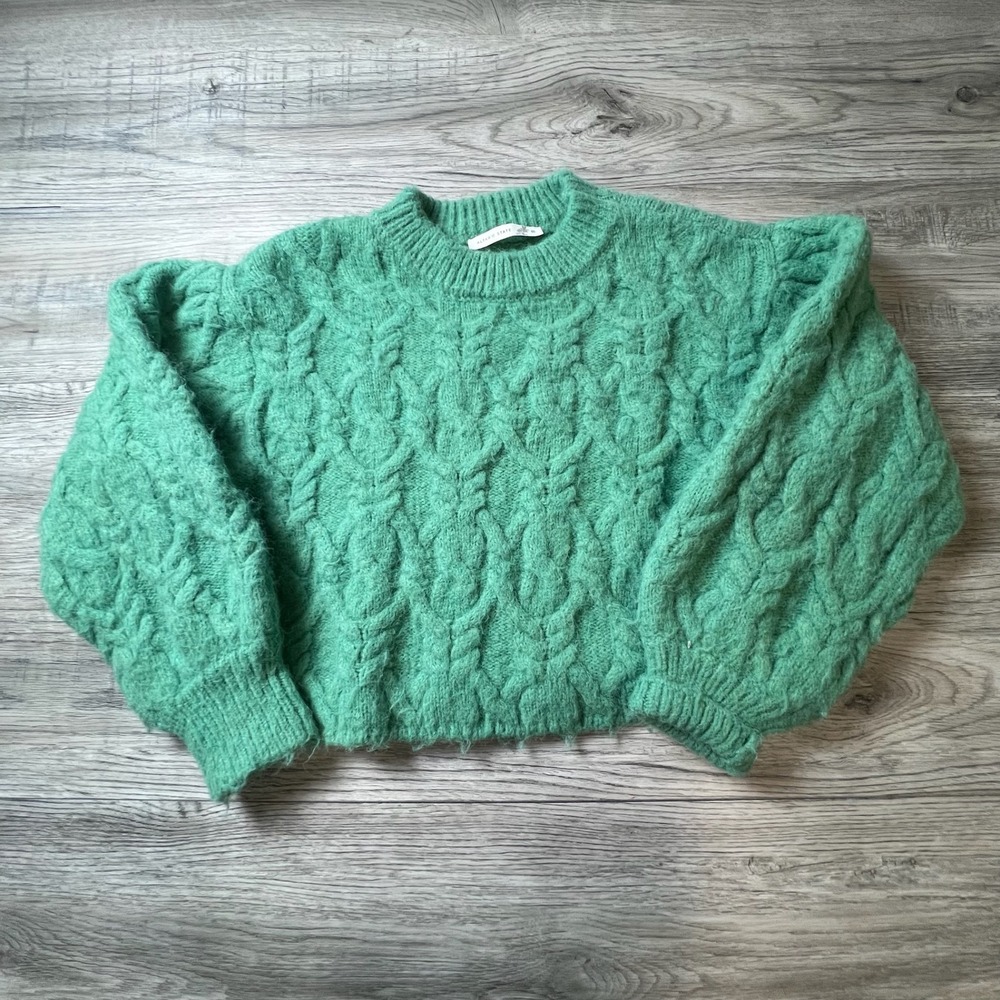 Altar'd State Sweater Womens Medium Green Cable Knit Balloon Sleeve Cropped u100